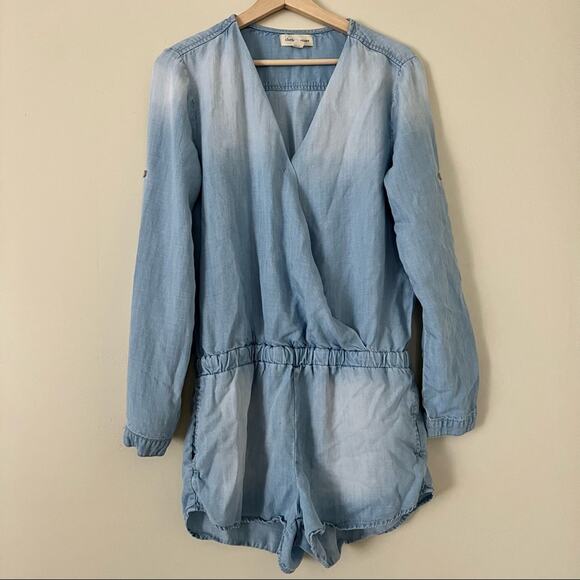 Cloth & Stone Surplice Chambray Romper Roll Tab S - Picture 2 of 5